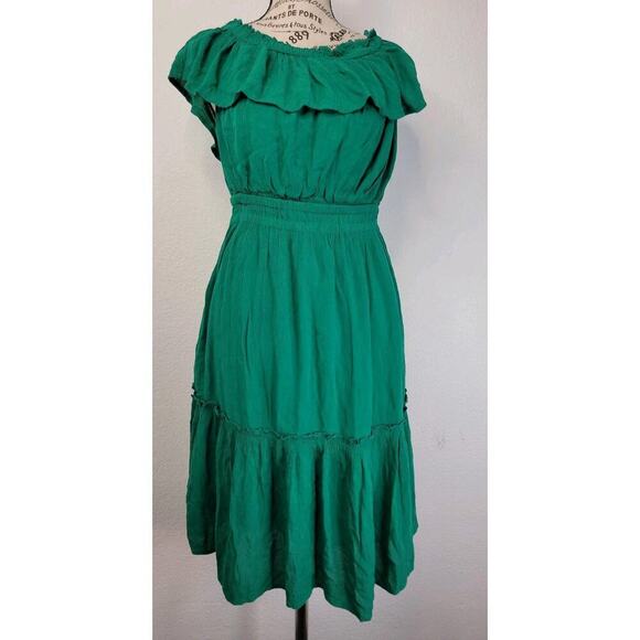 Tommy Bahama Midi Dress XS Layered Off Shoulders Green Cottagecore Bohemian - Picture 2 of 14